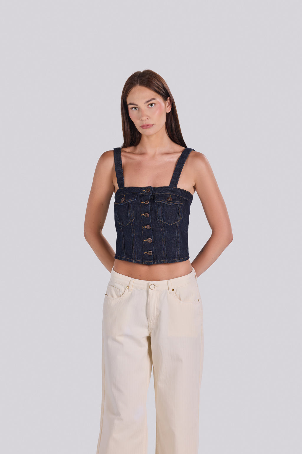 LILLA BUTTON-FRONT DENIM CORSET TOP D0