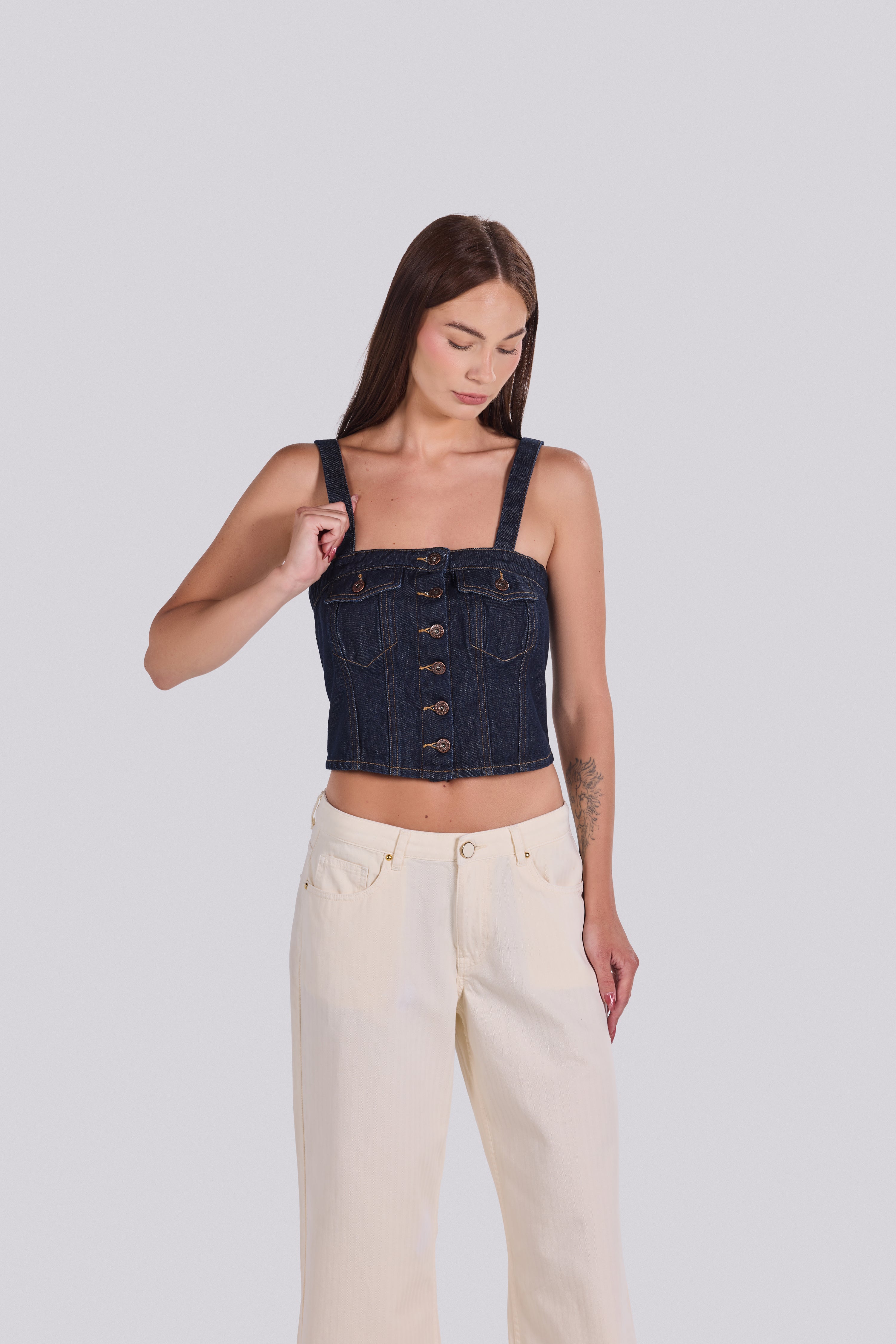 LILLA BUTTON-FRONT DENIM CORSET TOP D0