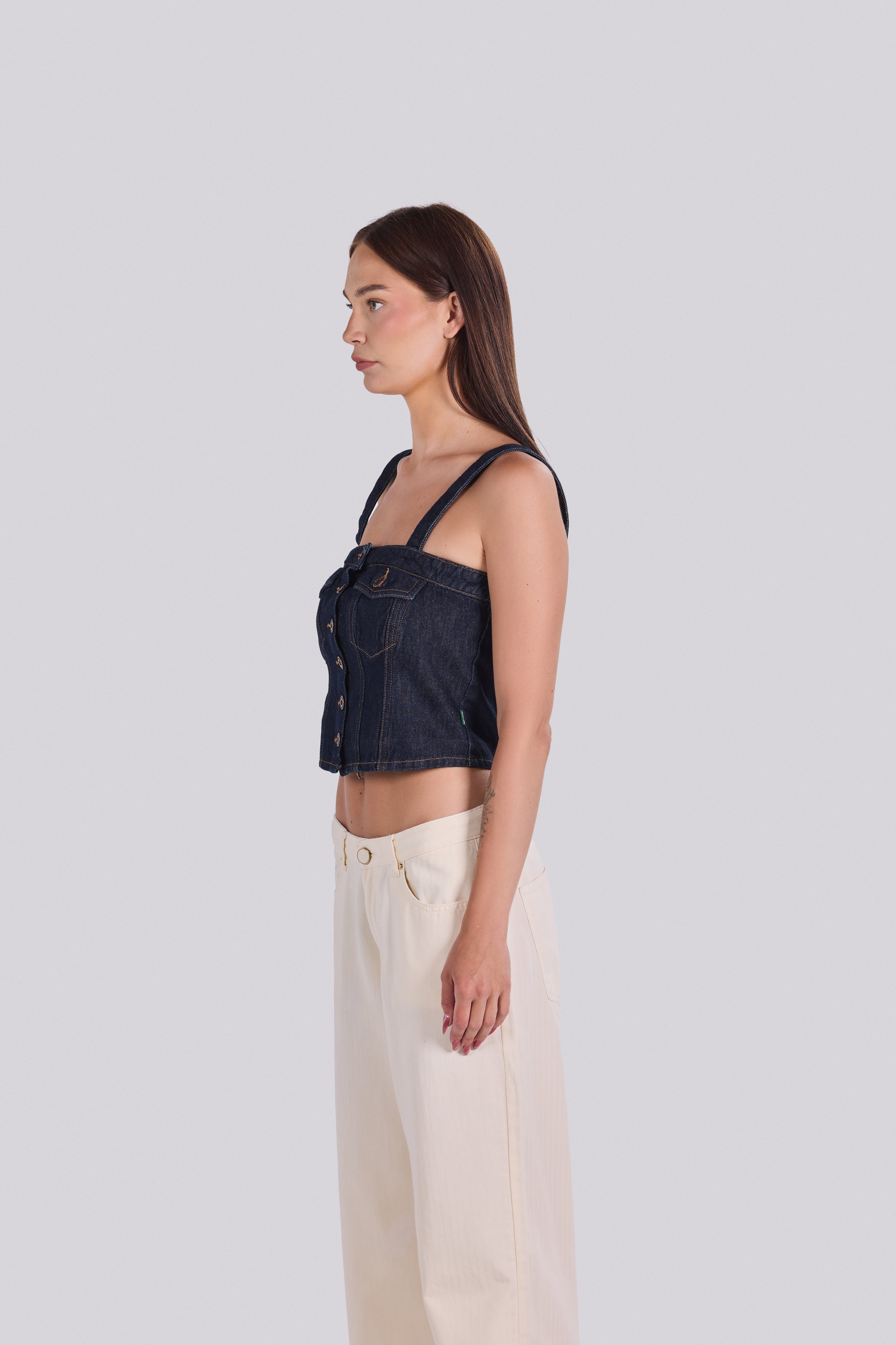 LILLA BUTTON-FRONT DENIM CORSET TOP D0
