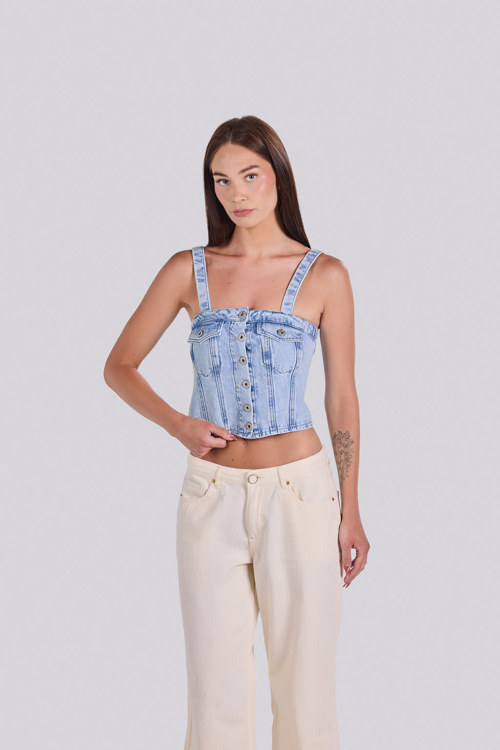 LILLA BUTTON-FRONT DENIM CORSET TOP D4