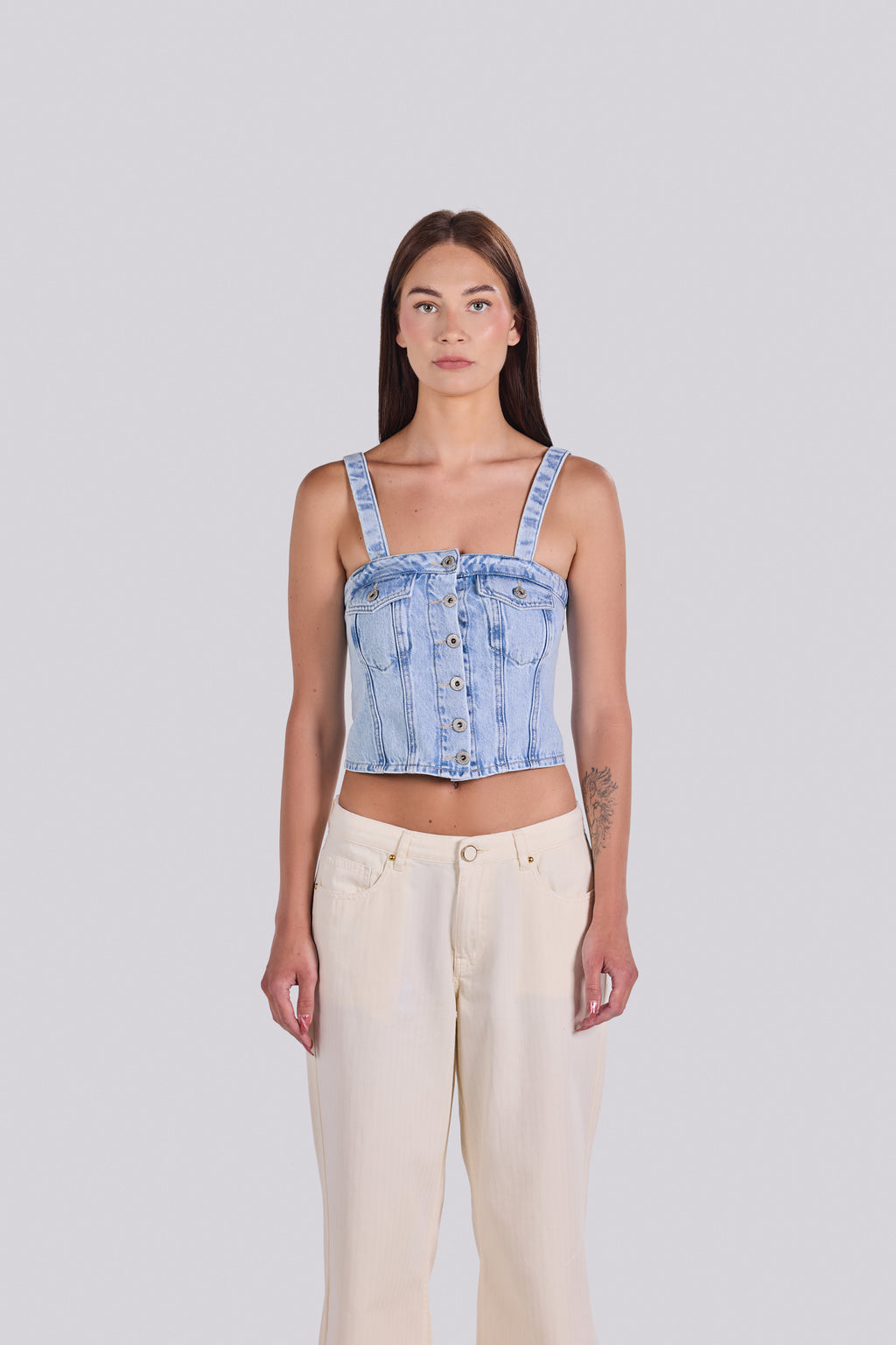 LILLA BUTTON-FRONT DENIM CORSET TOP D4