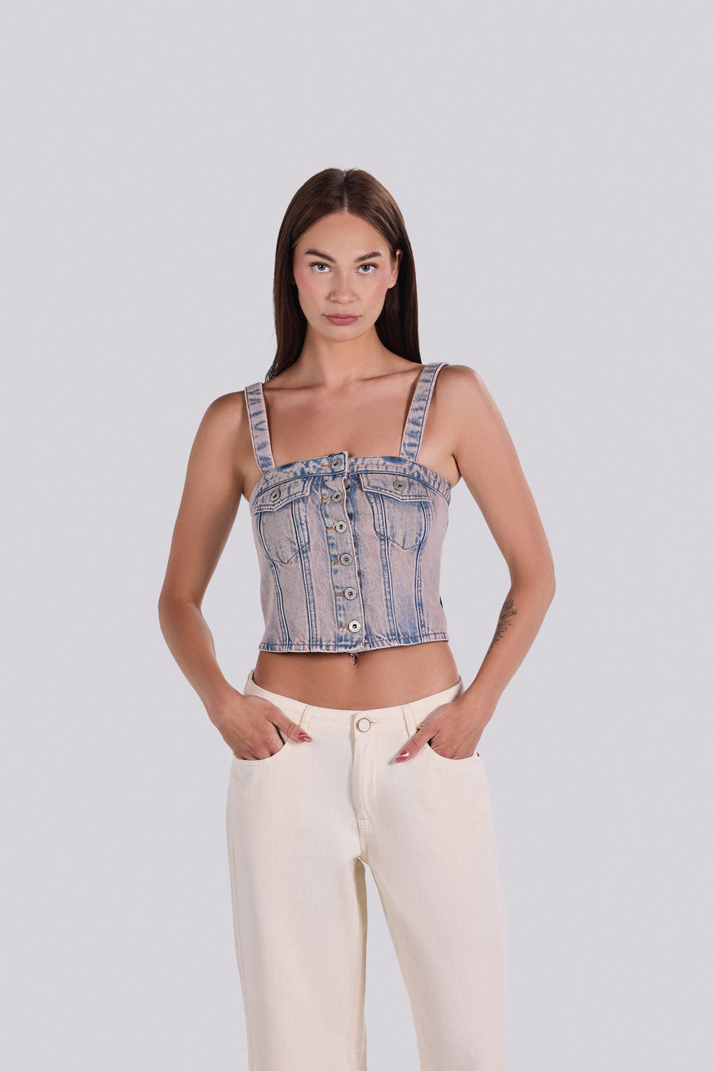 LILLA BUTTON-FRONT DENIM CORSET TOP ODP